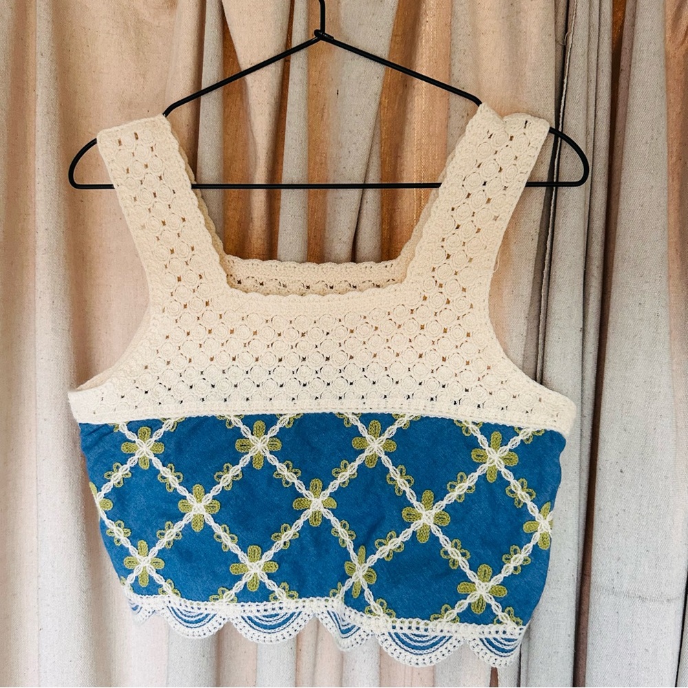 SOLD Handcrafted Blue and Cream Crochet Top